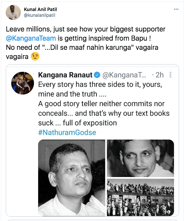 Kangana tweeted in support of Nathuram Godse on Mahatma Gandhi's death anniversary. 