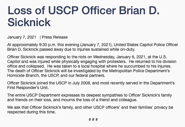 Brian D Sicknick had joined the United States Capitol Police in 2008.