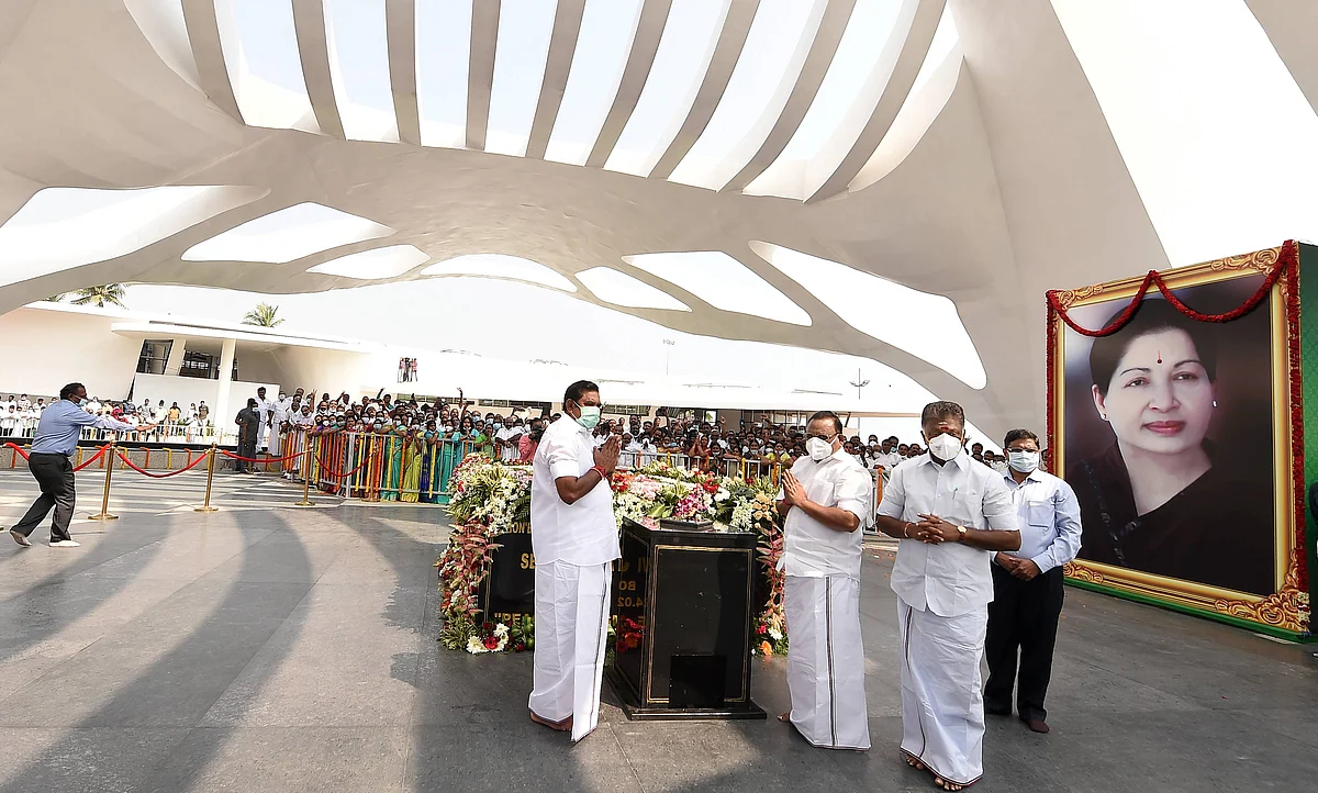 Tamil Nadu Chief Minister Edappadi Palaniswami along with Deputy CM O Panneerselvam and other leaders pays tribute to AIADMK leader Jayalalithaa during the inauguration of ‘Veda Nilayam’ memorial, residence of the late TN chief minister, in Chennai, Thursday, 28 January 2021.