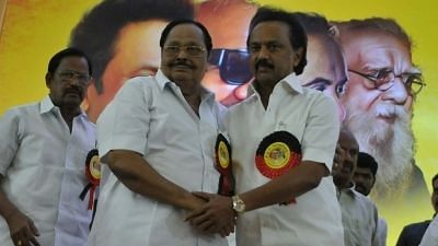 A file photo from 28 August 2018, of Former Union Minister MK Alagiri greeting MK Stalin after being elected as the new DMK President, in Chennai.