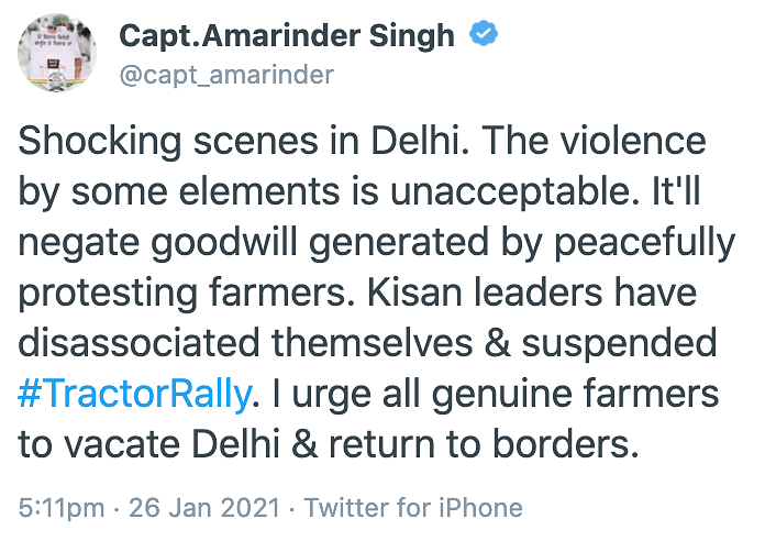 Punjab’s CM condemns the violence on Twitter.