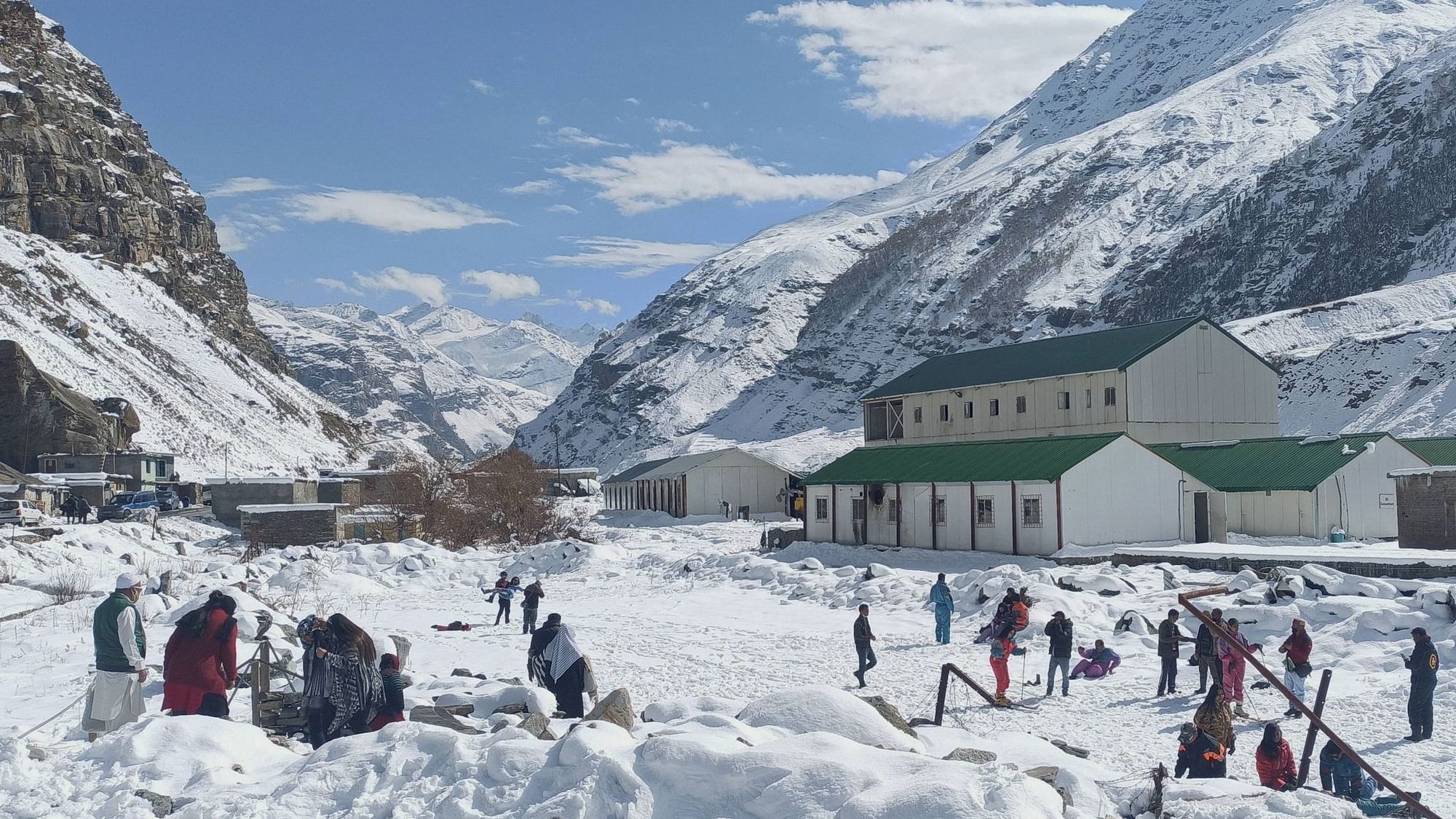 Tourists play in the snow near the Atal Tunnel, in Lahaul-Spiti. Image used for representation.&nbsp;