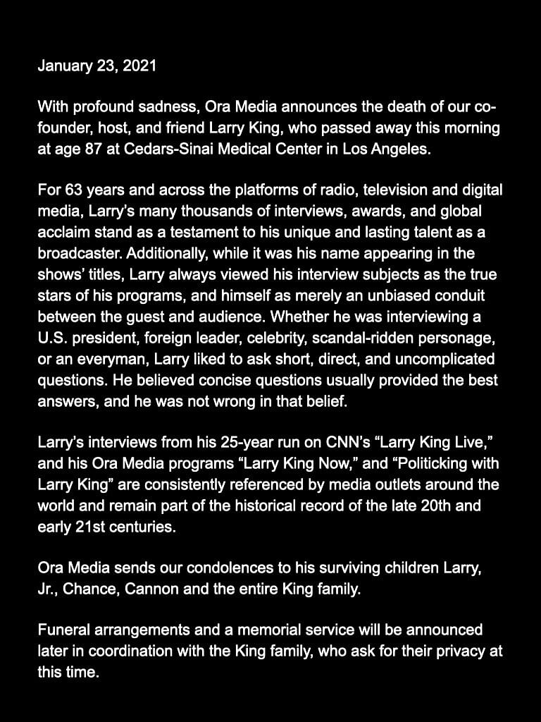 Legendary talk show host Larry King passed away in Los Angeles.