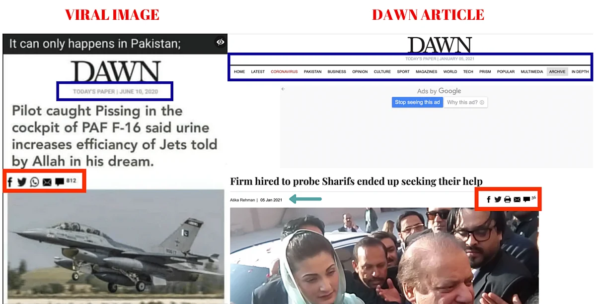 Left: Viral image; Right: The official Dawn article