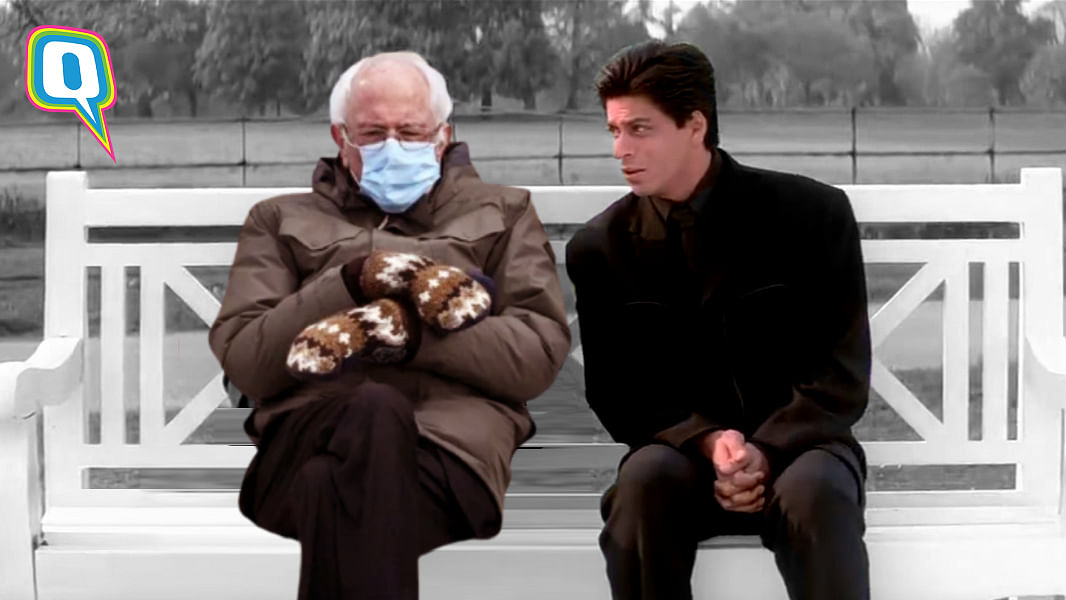 A Lone Bernie Sanders Sitting With His Mittens: Bollywood Edition