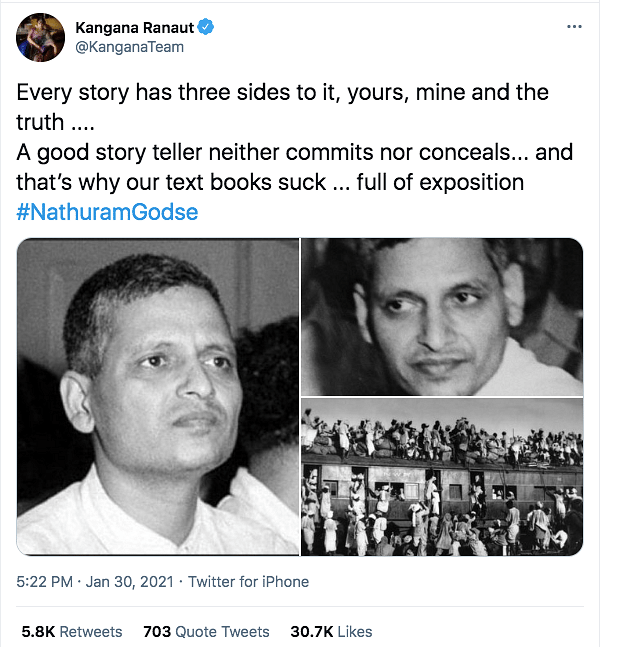 Kangana tweeted in support of Nathuram Godse on Mahatma Gandhi's death anniversary. 