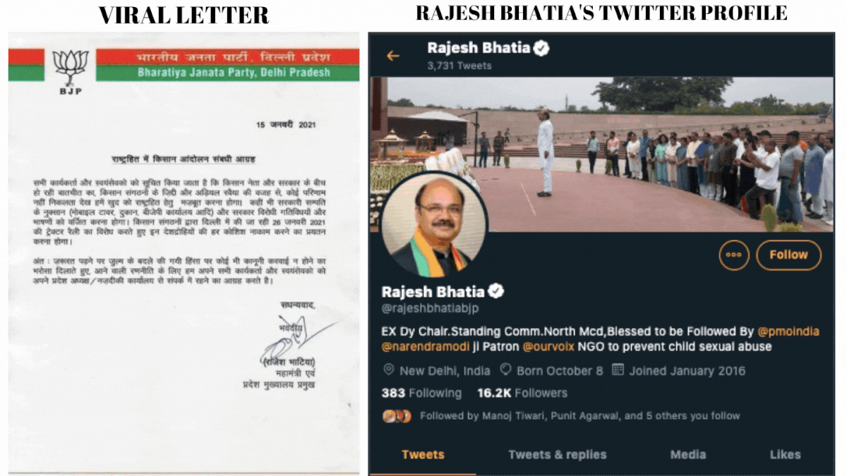 In the viral letter, Rajesh Bhatia is allegedly asking BJP cadre to use violence to stop the 26 Jan farmers’ rally.