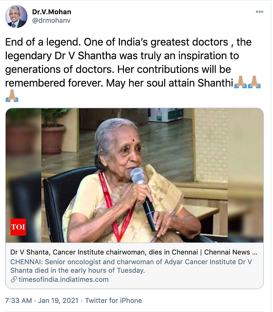 Cancer Crusader Dr Shanta Dies in Chennai