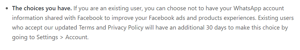 WhatsApp’s 2016 privacy update had given users 30 days to opt out of data sharing with Facebook. 