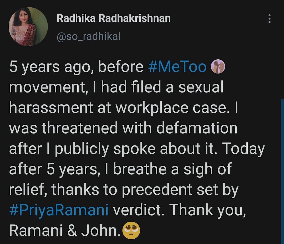 ‘I feel vindicated on behalf of all the women who have spoken out against sexual harassment,’ said Priya Ramani.
