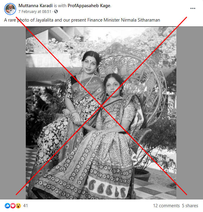 We found that the image showed Jayalalithaa sitting with Tamil writer Sivasankari and not Sitharaman.