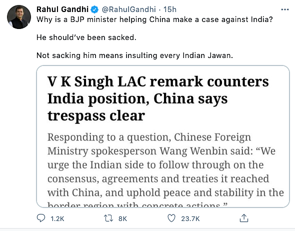 Rahul Gandhi asks for the resignation of BJP’s VK Singh over his LAC remarks