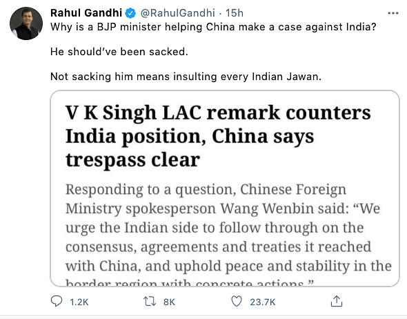 Rahul Gandhi tweeted that Singh’s remarks help China make a case against India for which he should be sacked. 
