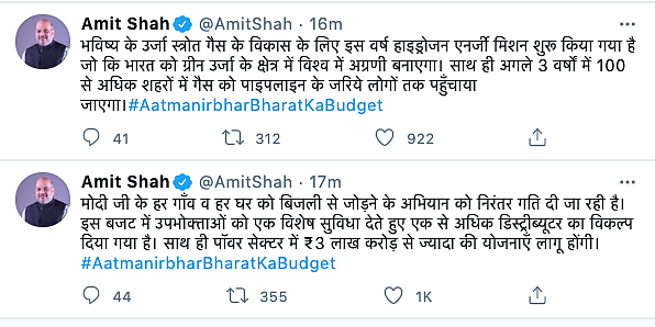 Home Minister Amit Shah congratulated PM Modi and finance minister, Nirmala Sitharaman on twitter