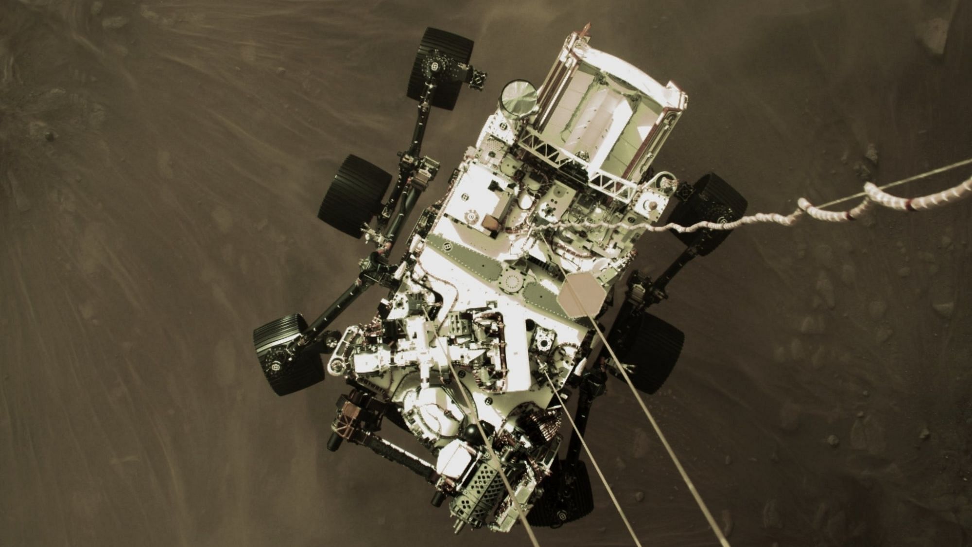 An illustration of NASA’s Perseverance rover landing safely on Mars.&nbsp;