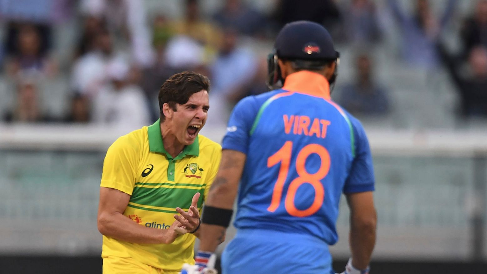 Australia’s Jhye Richardson celebrates the wicket of India’s Virat Kohli during their one day international cricket match in Melbourne.