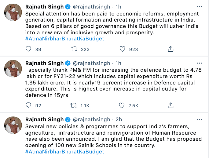Defense Minister, Rajnath Singh tweeted in support of the 2021 Union budget. 