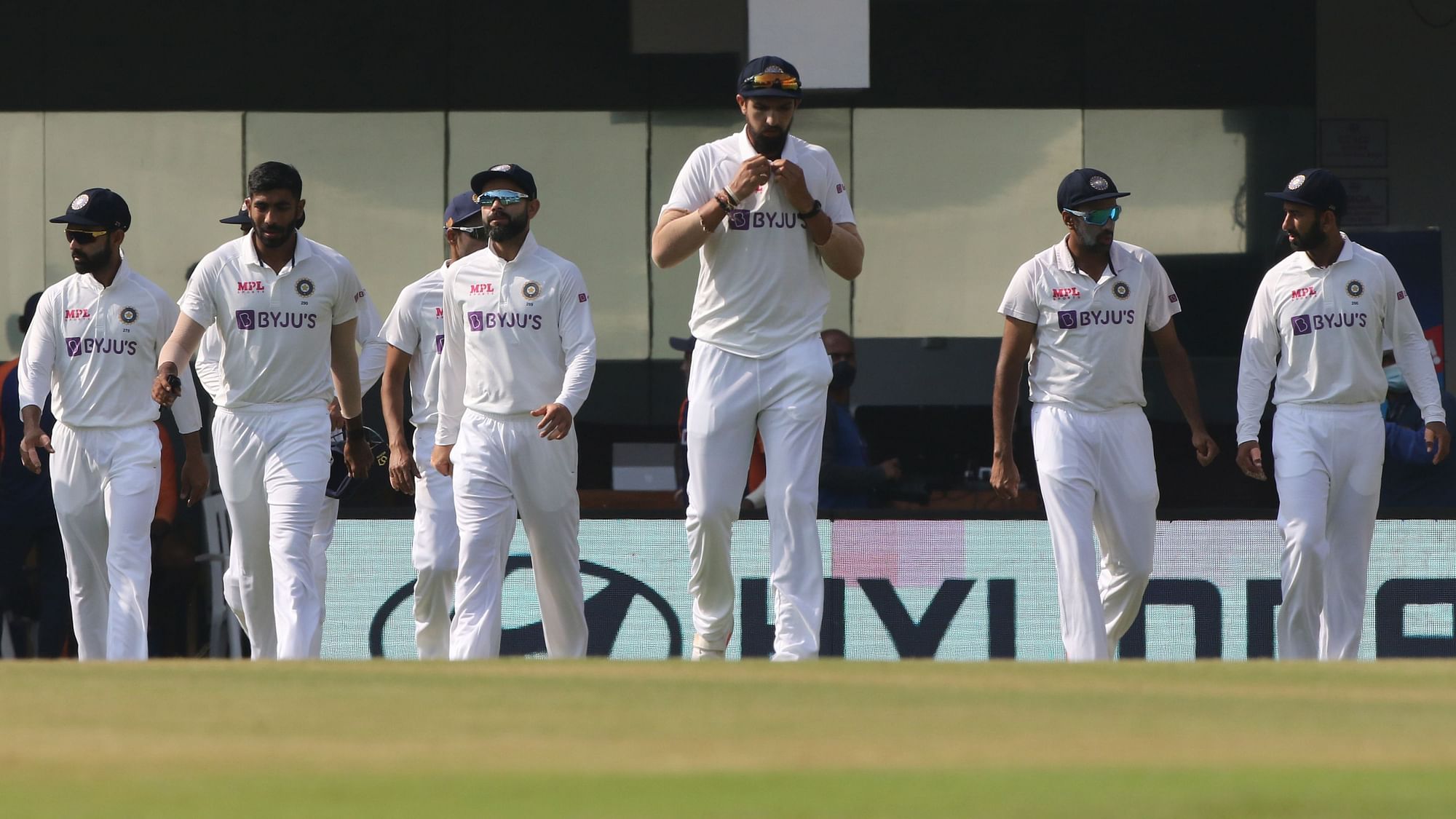 India take the field during England’s first innings in the first Chennai Test