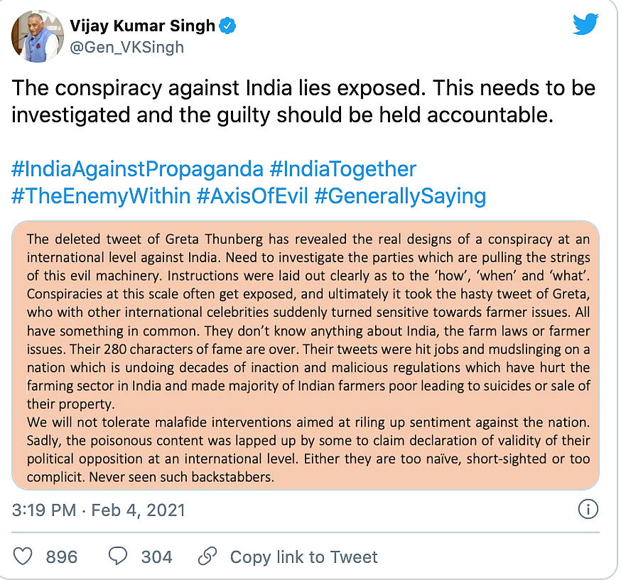 Minister of State for Road Transport & Highways, Vijay Kumar Singh on Twitter called the toolkit a “conspiracy against India”