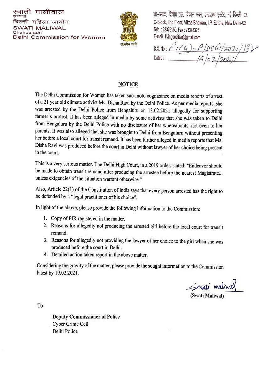 Disha Ravi’s Arrest: DCW Writes to Delhi Police on Protocol Lapses