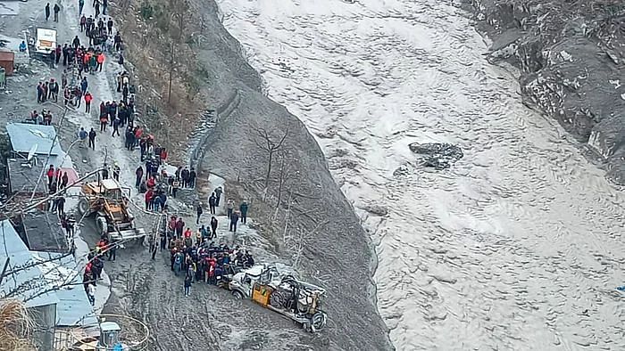 Rescue operations underway near Dhauliganga hydropower project after a glacier broke off in Joshimath causing a massive flood in the Dhauli Ganga river, in Chamoli district of Uttarakhand.