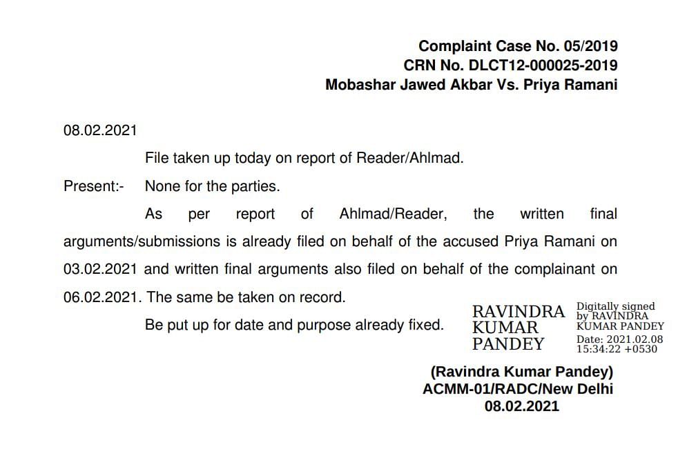 MJ Akbar’s lawyers provided their final written submissions to the judge one day after deadline, on a Saturday.