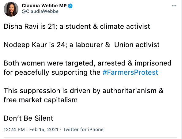 MP Claudia Webbe has posted tweets in solidarity of the farmers’ protes