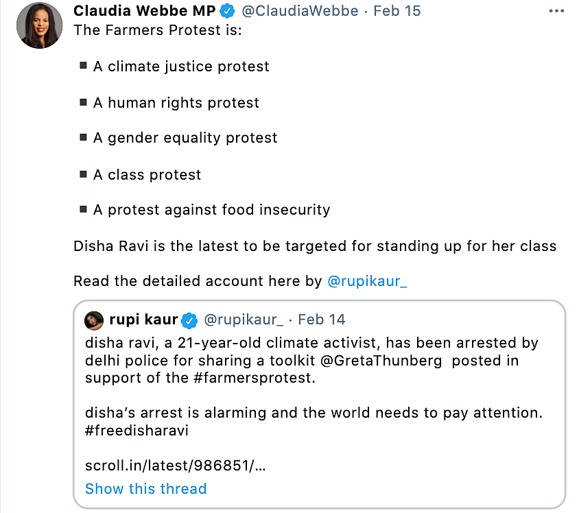 MP Claudia Webbe has posted tweets in solidarity of the farmers’ protes
