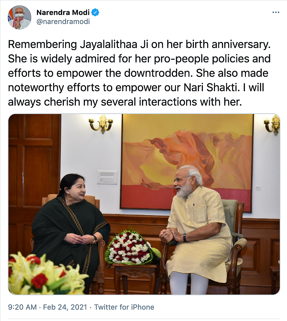 Prime Minister Narendra Modi shared a photograph in memory of the AIADMK supremo.