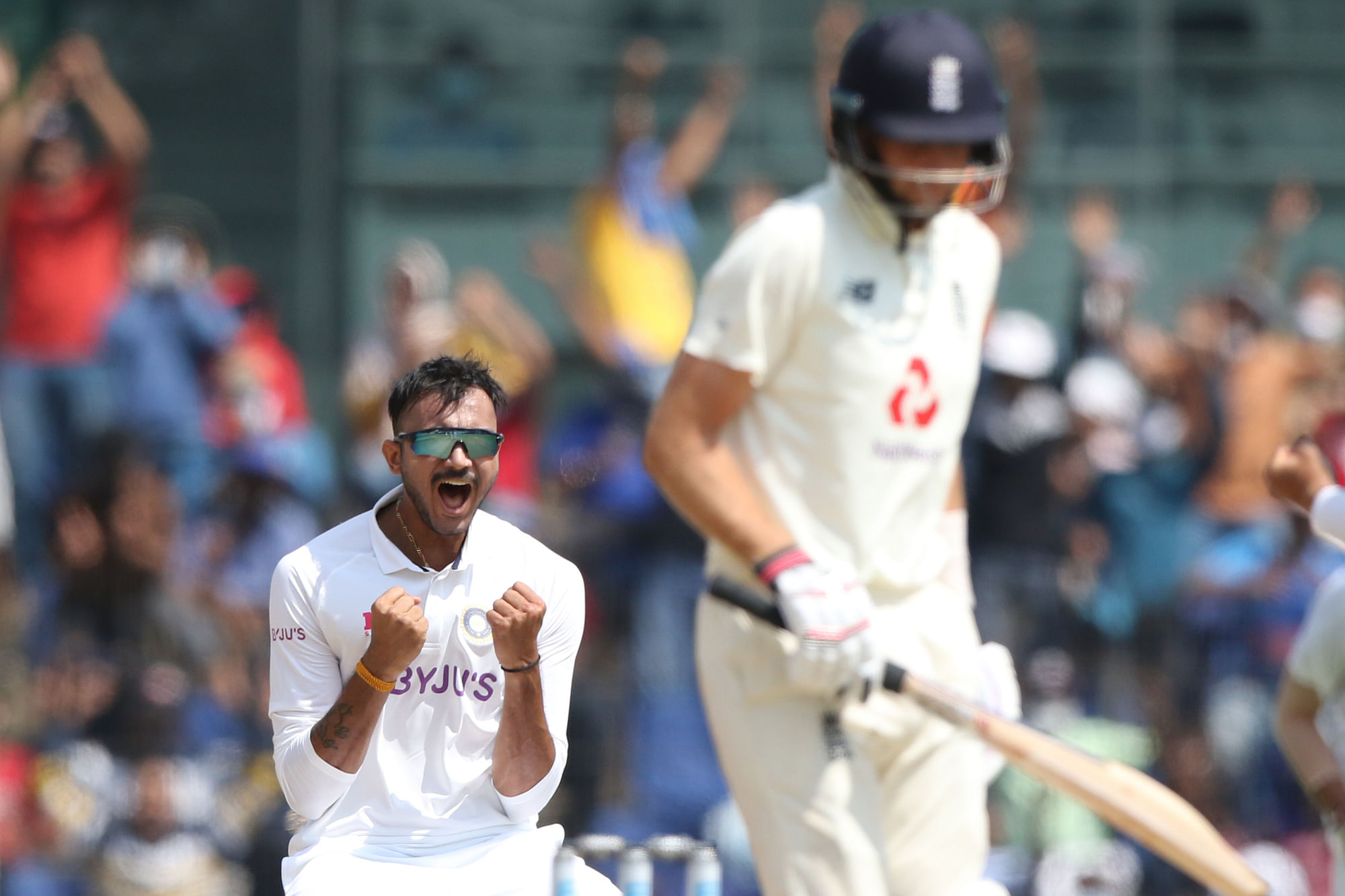 Axar Patel of India celebrates the wicket of Joe Root (captain) of England during day two of the first test match between India and England held at the Chidambaram Stadium stadium in Chennai.