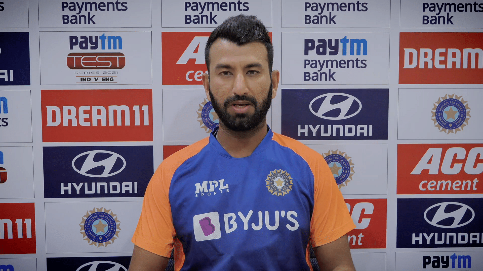Cheteshwar Pujara speaks at the end of Day 3 of the Chennai Test between India and England.
