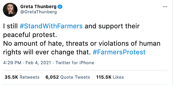 Greta Thunberg took to Twitter to write that she would still support the farmers’ ‘peaceful protest’.