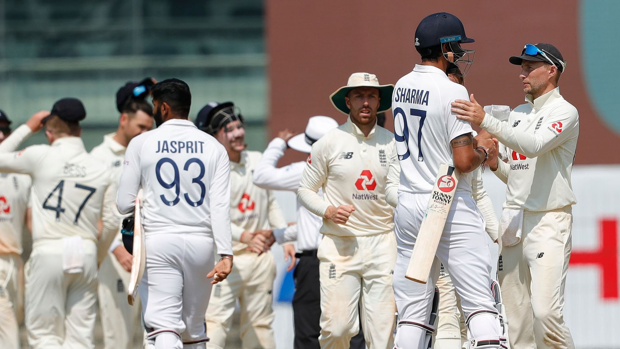 England team celebrating the match win during day five of the first test match between India and England held at the Chidambaram Stadium stadium in Chennai.