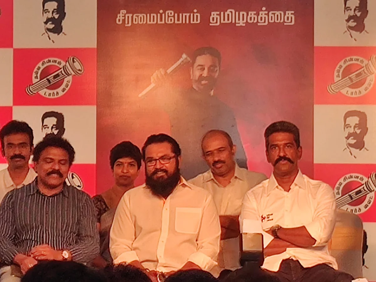 Actor Sarathkumar at the press conference called by Makkal Needhi Maiam.