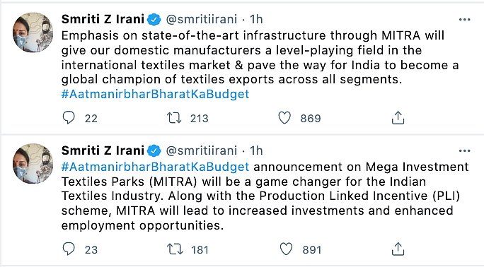 Minister of textiles, Smriti Irani posted on twitter congratulating PM Modi and Nirmala Sitharaman on the union budget