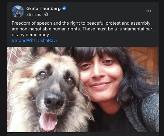 Greta Thunberg on Friday  shared a photo of Disha Ravi with the hashtag “Stand With Disha Ravi”.