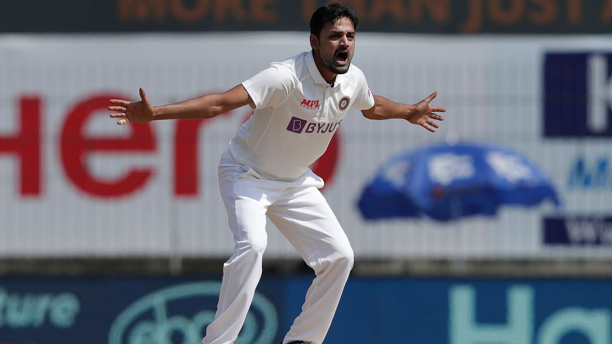 Shahbaz Nadeem during his spell on Day 2 in Chennai against England.&nbsp;