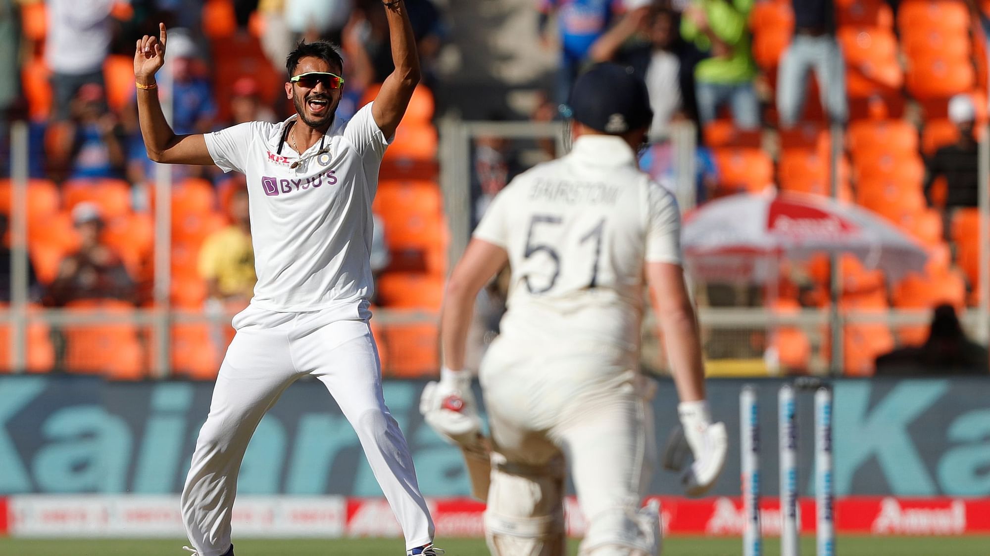 Axar Patel cleans up Jonny Bairstow for 0.&nbsp;