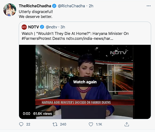Richa, Taapsee React to Haryana Minister's Reply to Farmer Deaths
