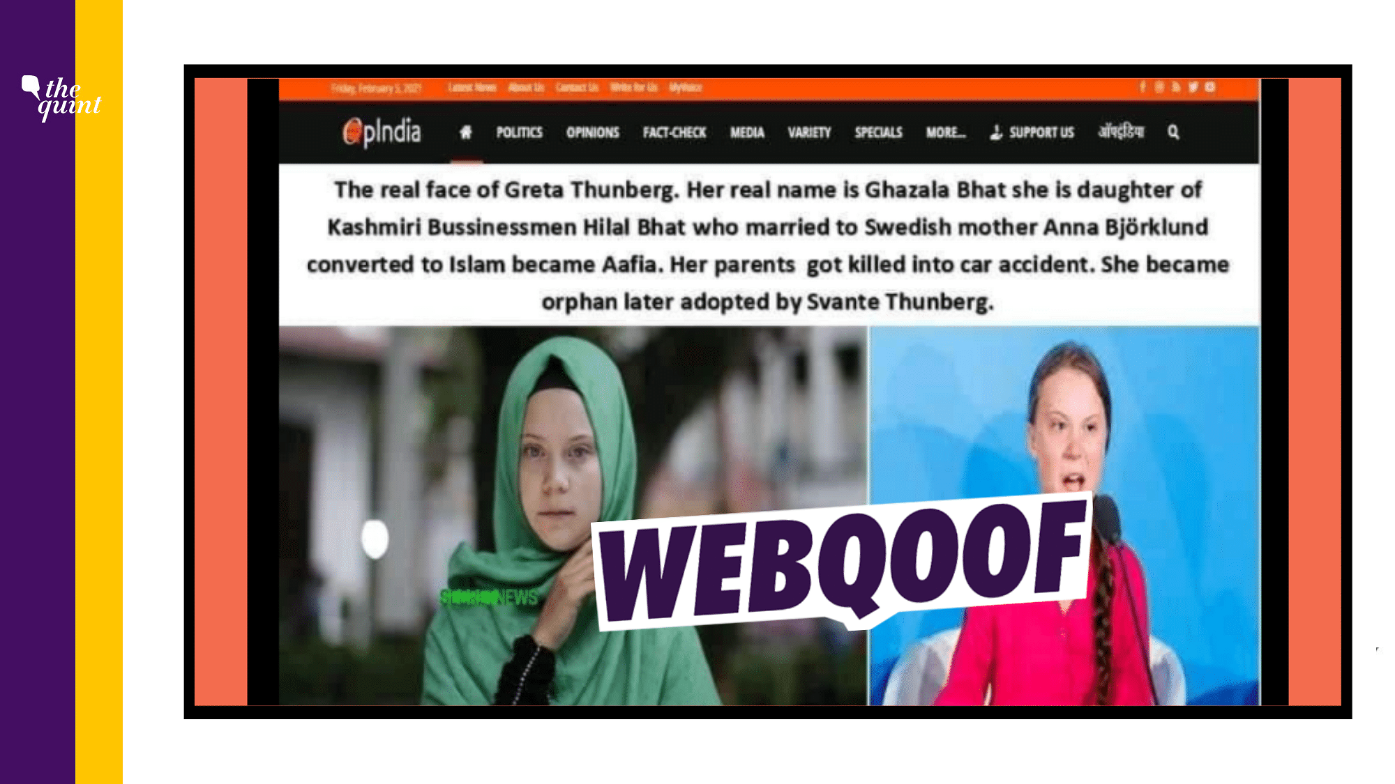 Fact-Check on Greta Thunberg | The morphed screenshot  claims that the OpIndia said that Greta Thunberg was born into a Muslim family.