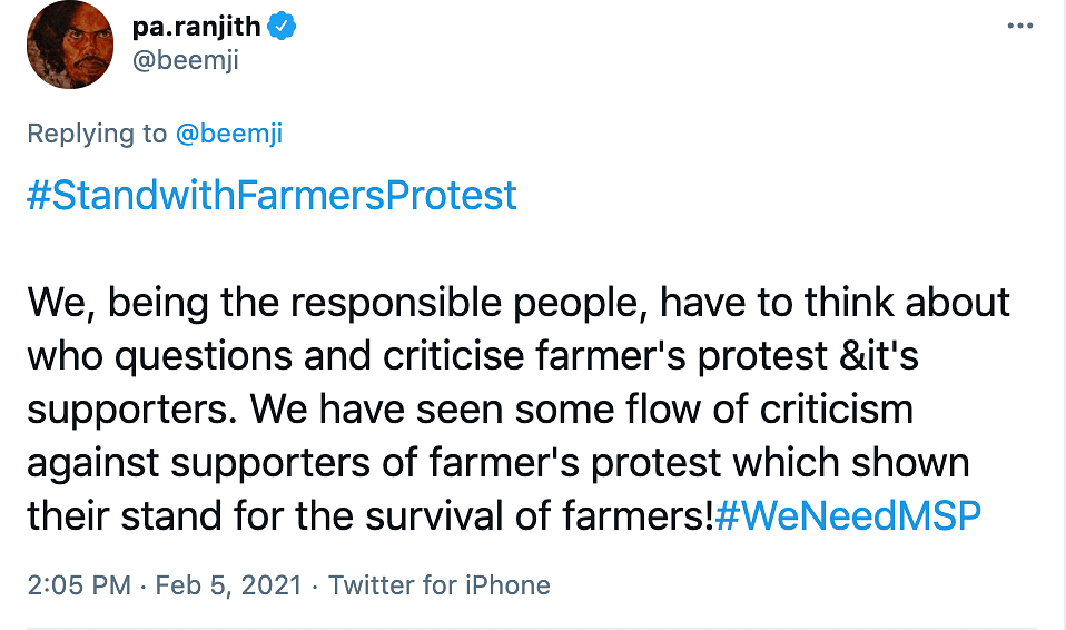 Making a strong statement, director Pa Ranjith tweeted in support of the farmers’ protest on Friday.