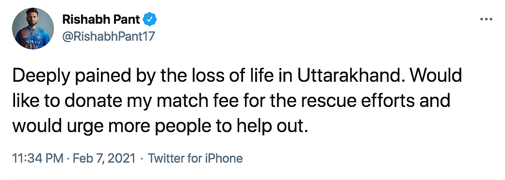 Uttarakhand Tragedy: Rishabh Pant to Donate Match Fee