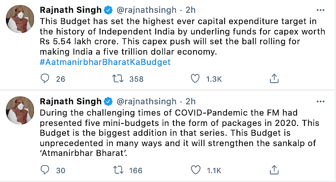 Defense Minister, Rajnath Singh tweeted in support of the 2021 Union budget. 