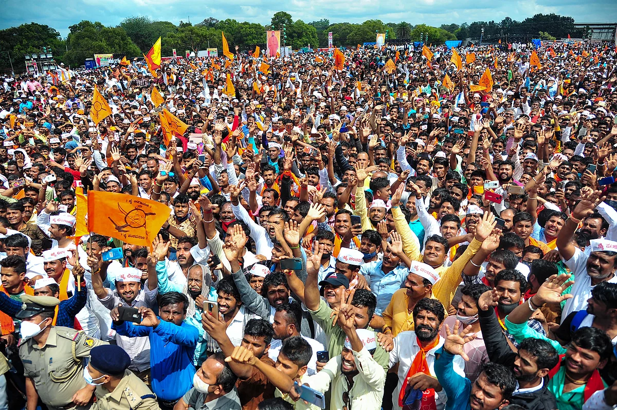 Members of the Panchamasali (Lingayat) community during a rally demanding for the inclusion of Lingayat community in the 2A reservation category, in Bengaluru on Sunday.
