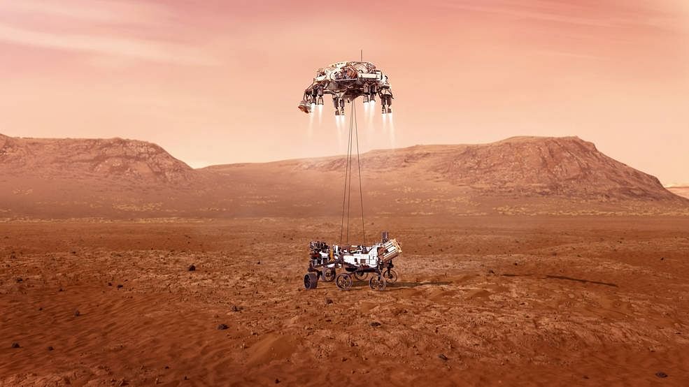 An illustration of NASA’s Perseverance rover landing safely on Mars.&nbsp;