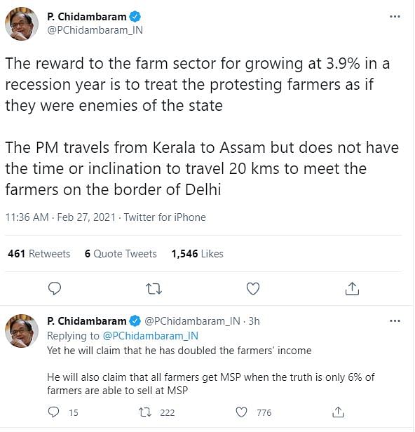 ‘PM Modi Has No Time for Farmers’: Chidambaram on Ongoing Protests