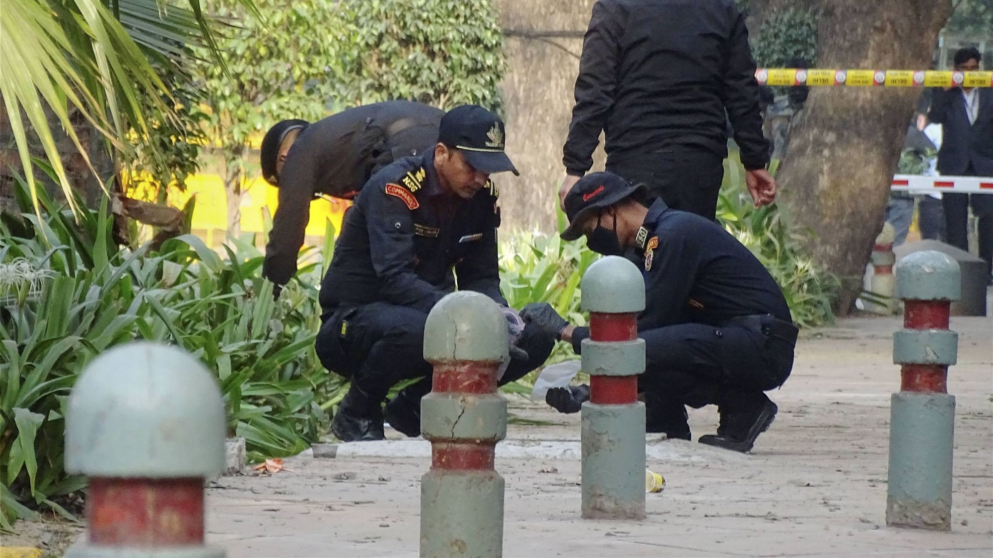 An NSG team inspects the blast Site near Israeli Embassy in New Delhi, Saturday, 30 January, 2021.