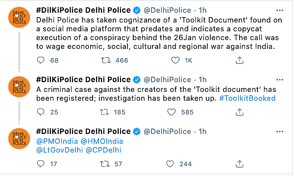 The Delhi police said today its investigation into an “overseas conspiracy” taking advantage of the farmer protests was not against Greta Thunberg but a “toolkit” that she had tweeted.