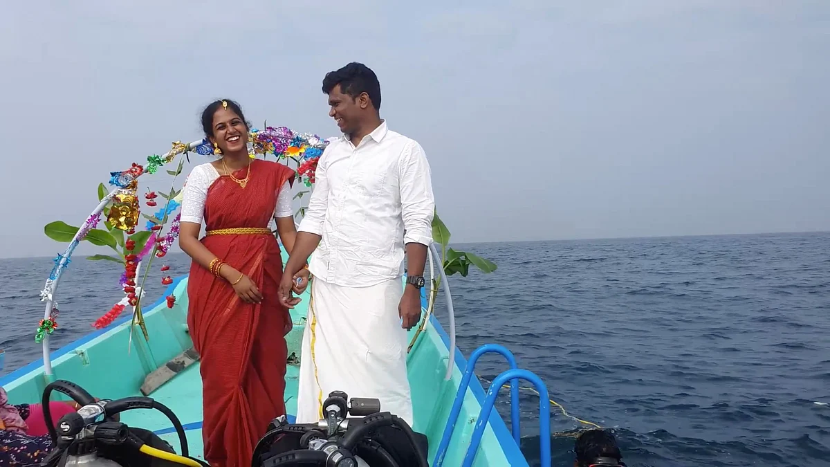The couple wore clothes that was custom-made for scuba diving.