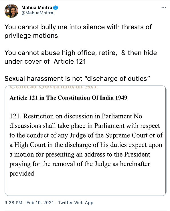 “You cannot bully me into silence with threats of privilege motions,” retorted the TMC MP.